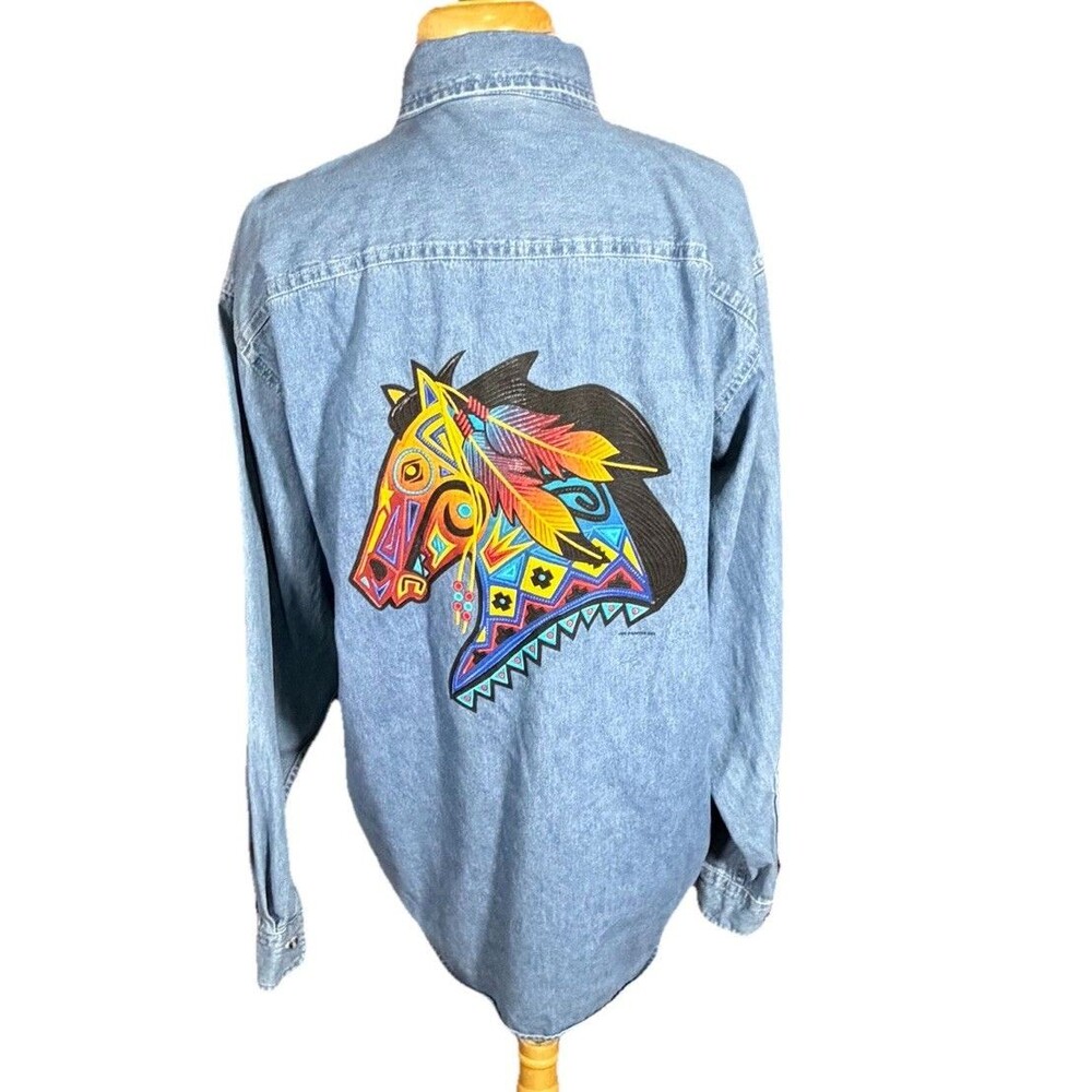 White Stallion Ranch Denim Button Up Shirt Colorful Horse Design Women’s L